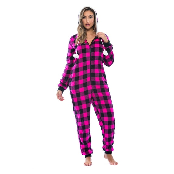 Just Love Buffalo Plaid Adult Onesie Sherpa Lined Hoody One Piece Pajamas (Fuchsia Buffalo Plaid, Medium)