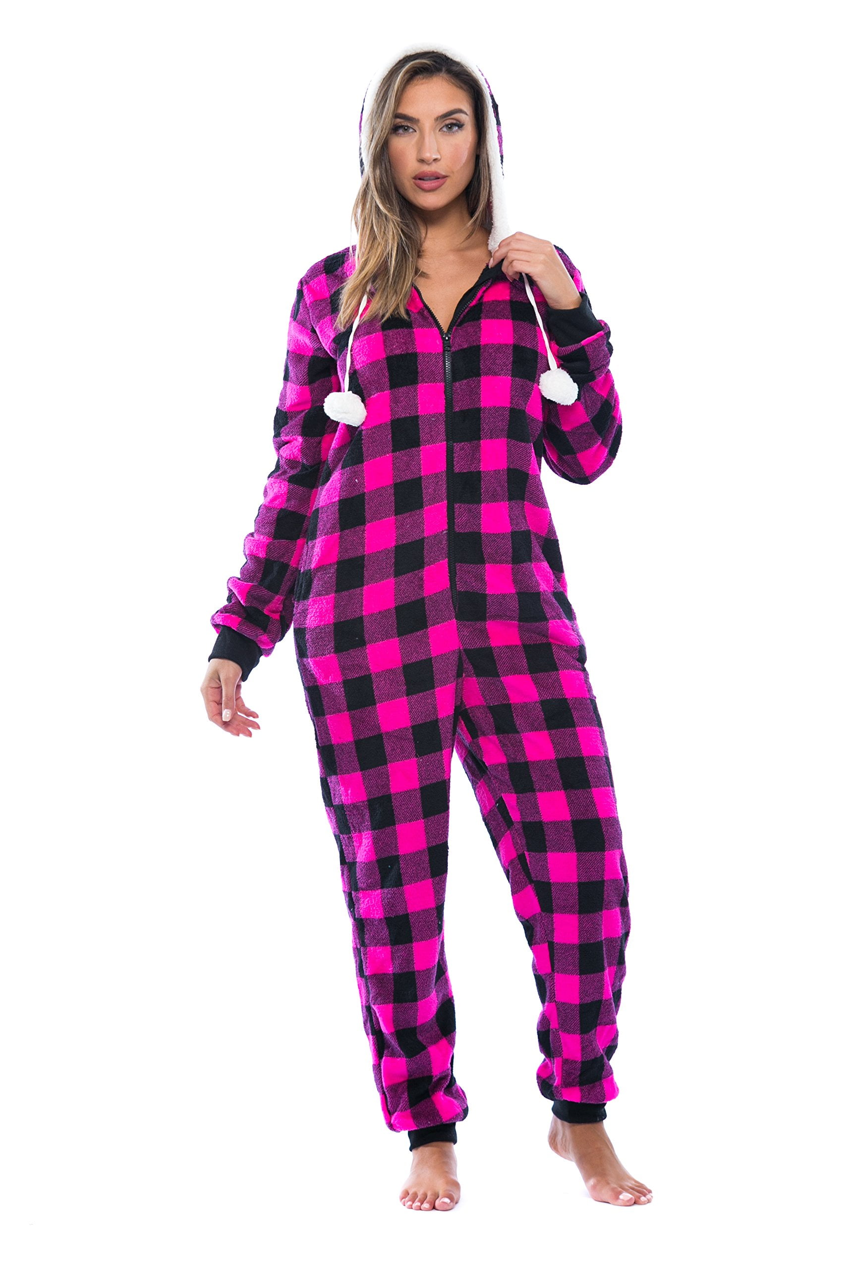 Just Love Buffalo Plaid Adult Onesie Sherpa Lined Hoody One Piece Pajamas (Fuchsia Buffalo Plaid, Small)