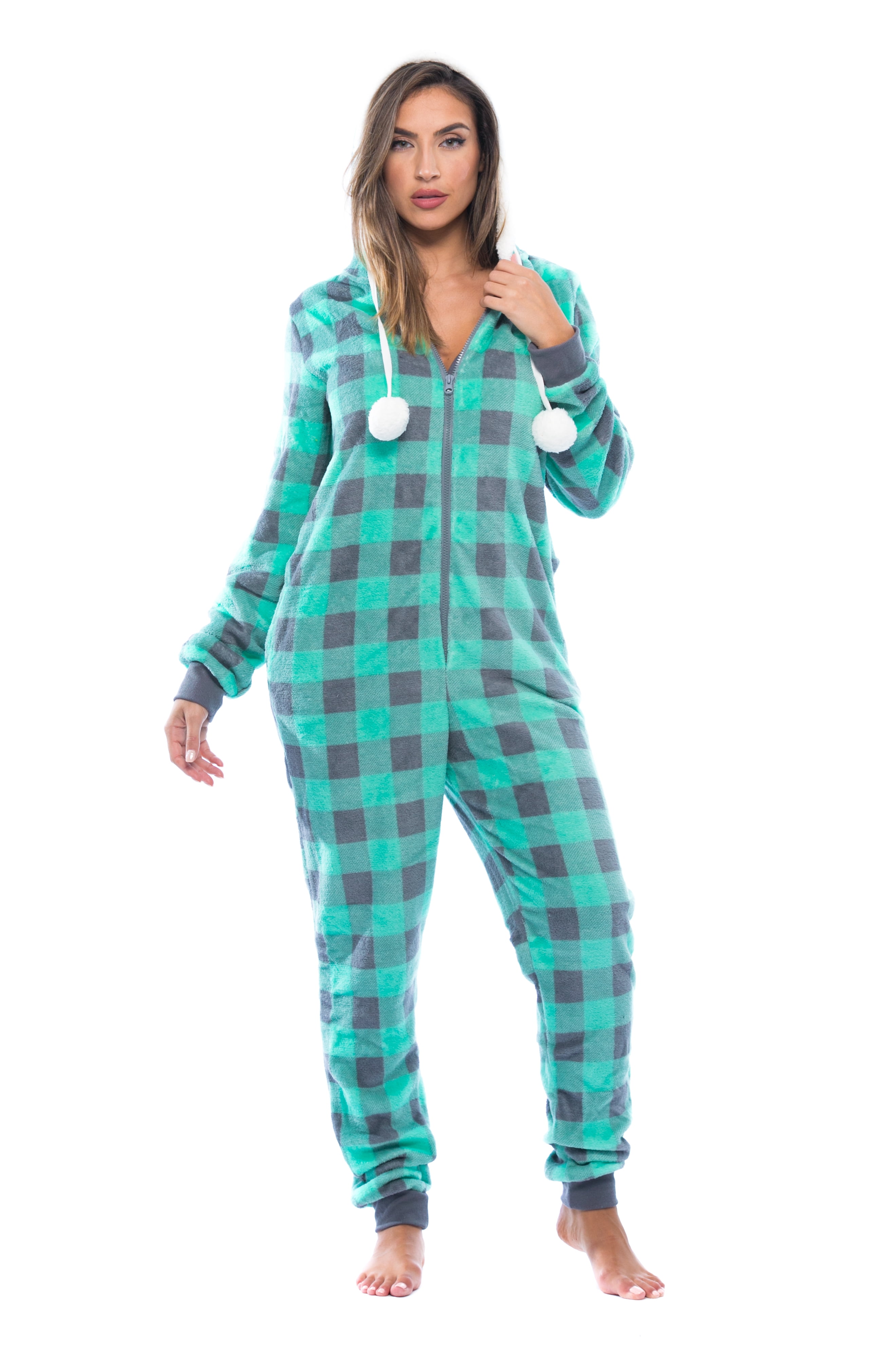 Just Love Buffalo Plaid Adult Onesie Sherpa Lined Hoody One Piece Pajamas (Mint Buffalo Plaid, Small)