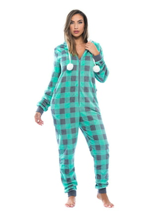 Navy Blue & Green Plaid Lightweight Cotton Flannel Adult Footed Onesie  Pajamas for Men & Women 