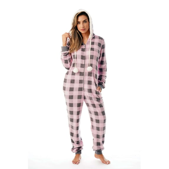 Just Love Buffalo Plaid Adult Onesie Sherpa Lined Hoody One Piece Pajamas (Pink Buffalo Plaid, Medium)