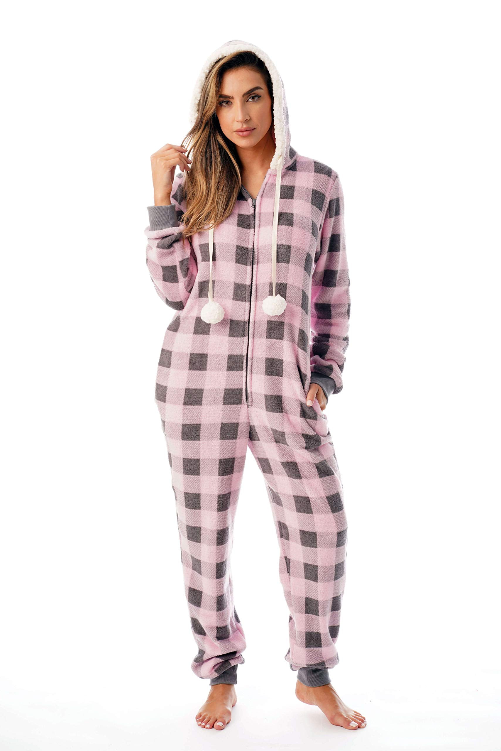 Just Love Buffalo Plaid Adult Onesie Sherpa Lined Hoody One Piece Pajamas (Pink Buffalo Plaid, X-Small)