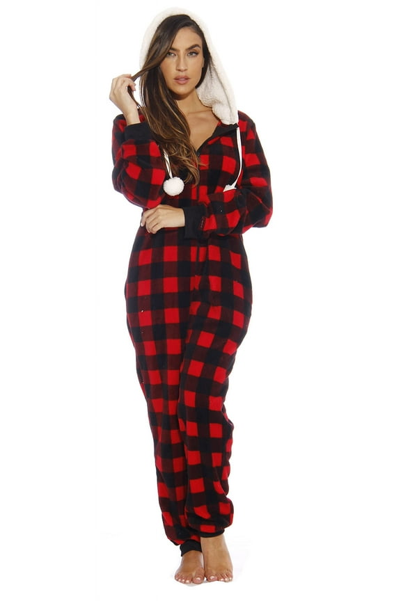 Buffalo Plaid Adult Bodysuit Faux Shearling Lined Hoody One Piece Pajamas (Red Buffalo Plaid, Small)
