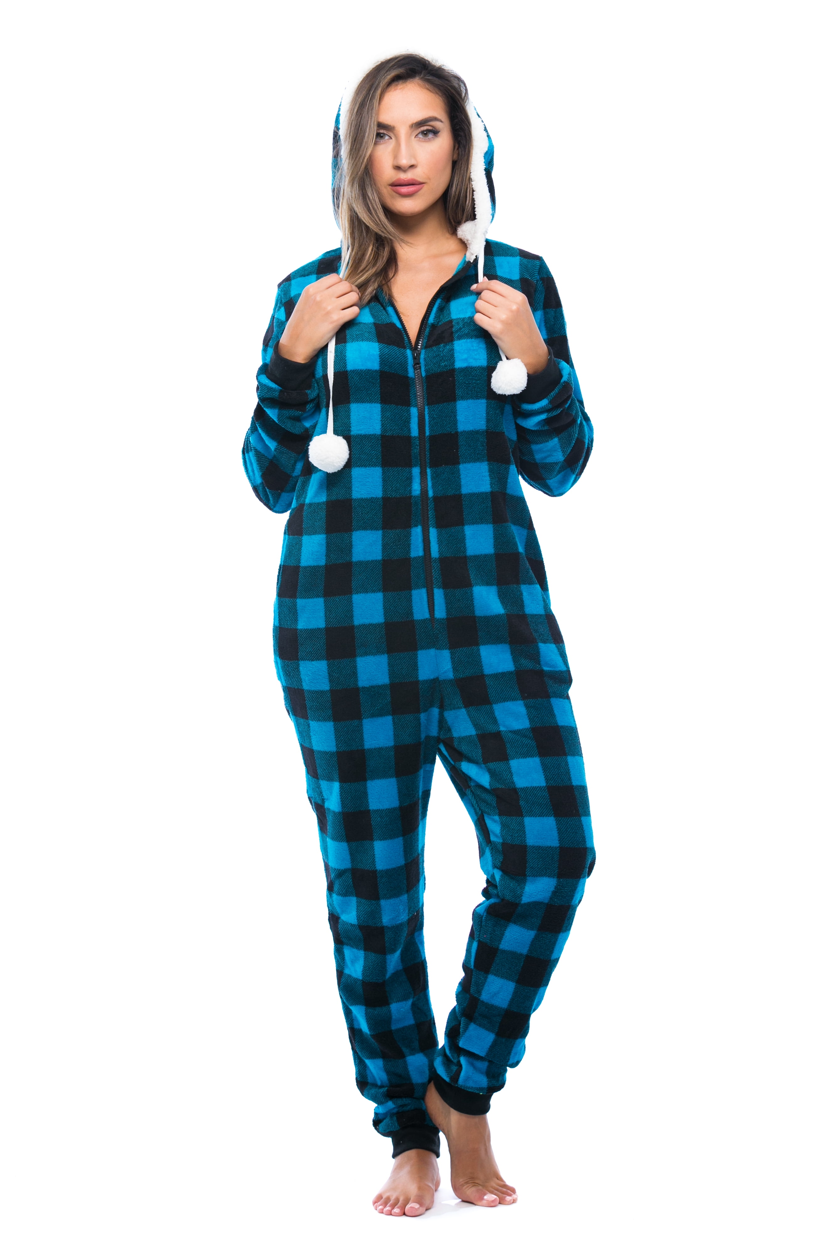 Just Love Buffalo Plaid Adult Onesie Sherpa Lined Hoody One Piece