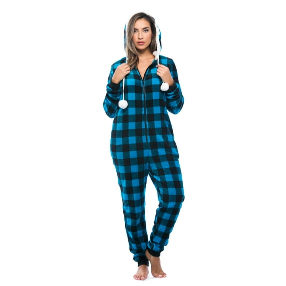 Just Love Buffalo Plaid Adult Onesie Sherpa Lined Hoody One Piece Pajamas (Turquoise Buffalo Plaid, XX-Large)