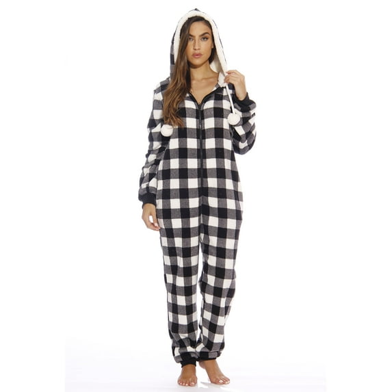 Just Love Buffalo Plaid Adult Bodysuit Faux Shearling Lined Hoody One Piece Pajamas (White Buffalo Plaid, X-Large)