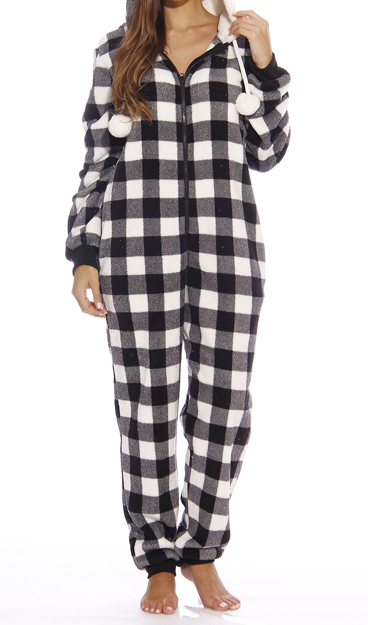Just Love Buffalo Plaid Adult Bodysuit Faux Shearling Lined Hoody One Piece Pajamas (White Buffalo Plaid, X-Small)