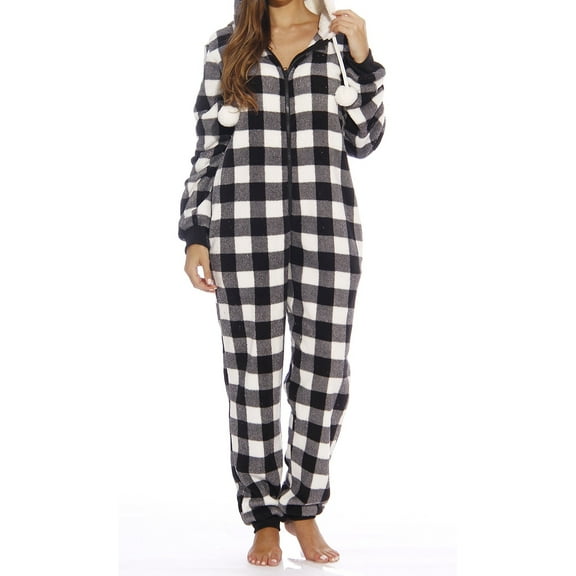 Just Love Buffalo Plaid Adult Bodysuit Faux Shearling Lined Hoody One Piece Pajamas (White Buffalo Plaid, X-Small)