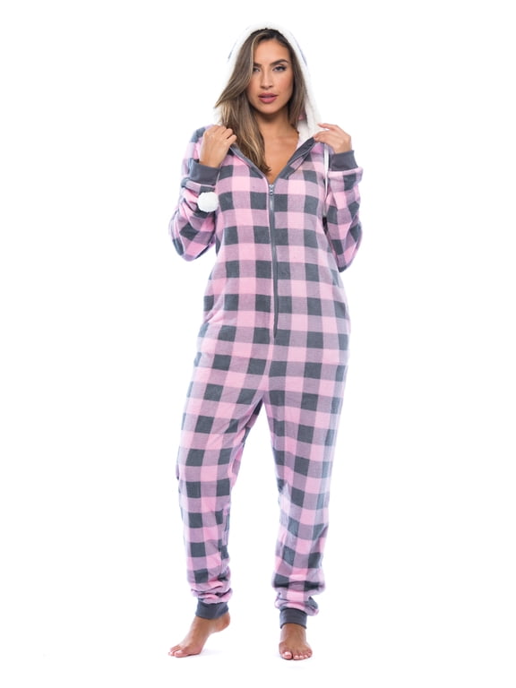 Buffalo Plaid Adult Onesie Sherpa Lined Hoody One Piece Pajamas