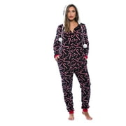 Just Love Christmas Print Pom Pom Adult Bodysuit (Black - Candy Cane, X-Small)