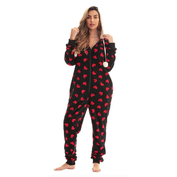Just Love Christmas Print Pom Pom Adult Bodysuit (Hearts - Red Black, Small)