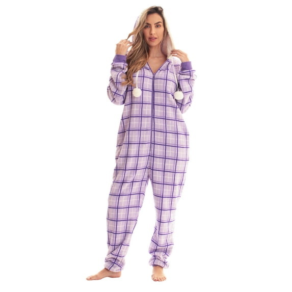 Just Love Christmas Print Pom Pom Adult Bodysuit (Plaid - Purple, XX-Large)