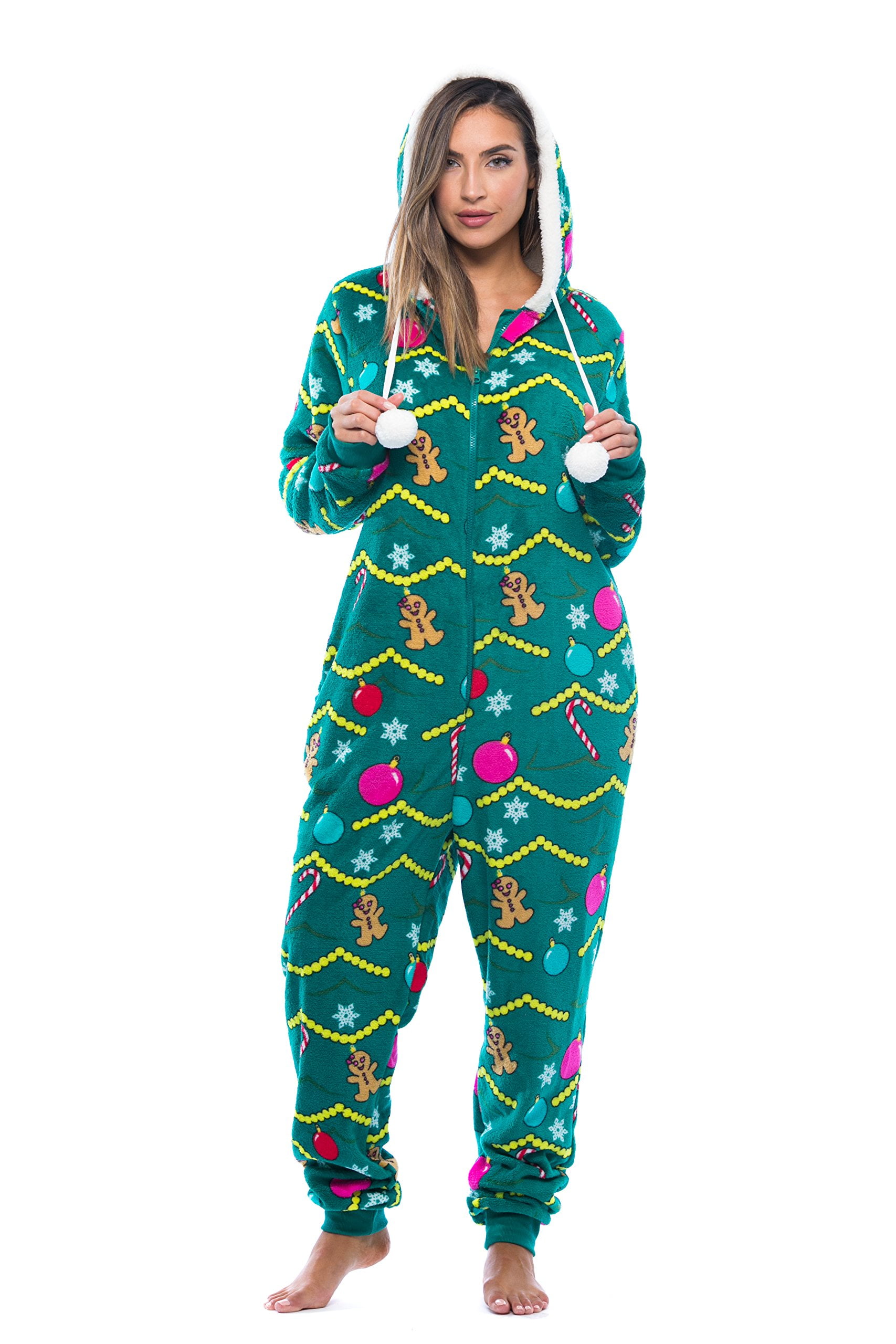 Just Love Christmas Print Pom Pom Adult Onesie Christmas Tree