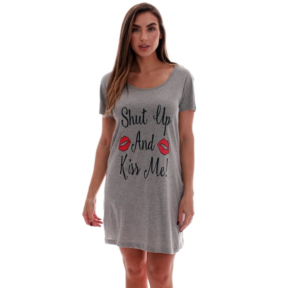 Just Love Comfortable Sleep Dress Shirt for Women - Ideal for Sleeping and Lounging in Dorms (Grey - Kiss Me, Small)