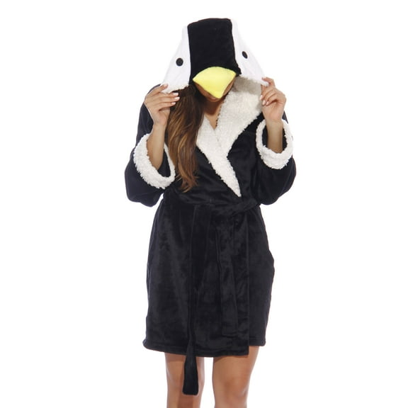 Just Love Critter Robe Sherpa Trim Velour Robes for Women (Penguin (Velour), Small)