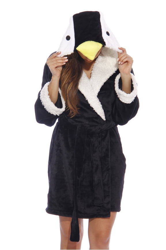 Critter Robe Sherpa Trim Velour Robes for Women (Penguin (Velour), Small)