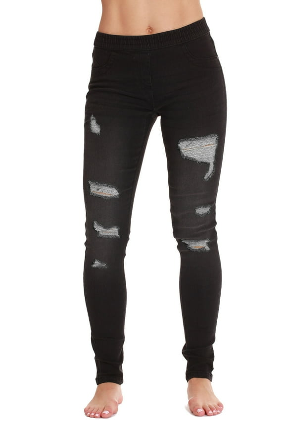 Denim Wash Ripped Jeggings for Women (Black Ripped Denim, Small)