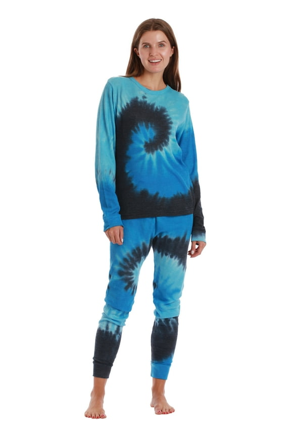 Family Thermal Set Trendy Tie Dye Coordinated Sleepwear for Everyone (Tie Dye Blue Swirl - Women, Womens Large)