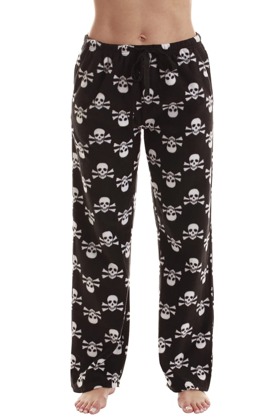 Fleece Pajama Pants for Women Sleepwear PJs (Black - Skull and Crossbones, Medium)