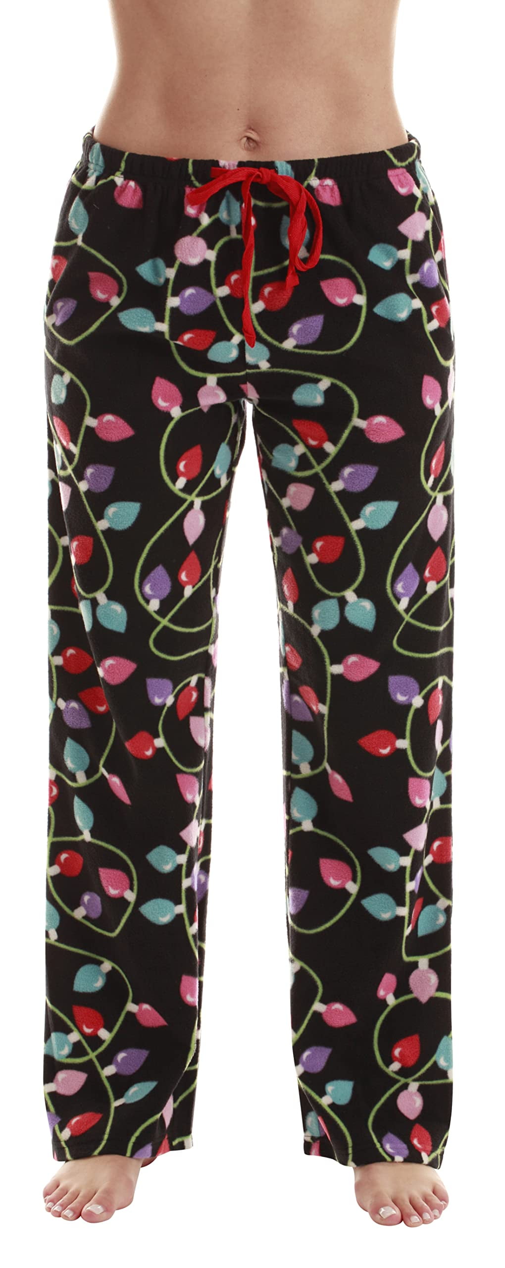 Just Love Fleece Pajama Pants for Women Sleepwear PJs. (Black - Xmas Lights, 2X)