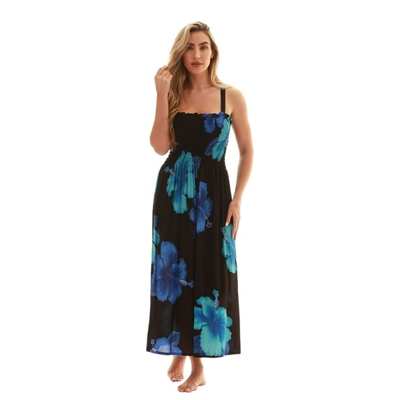 Just Love Floral Print Tube Sundress Swimwear Cover Up Summer Dress for Women (Black With Big Floral - Blue, Medium)