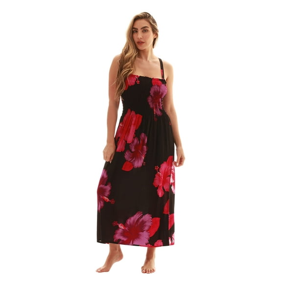 Just Love Floral Print Tube Sundress Swimwear Cover Up Summer Dress for Women (Black With Big Floral - Burgundy, Medium)