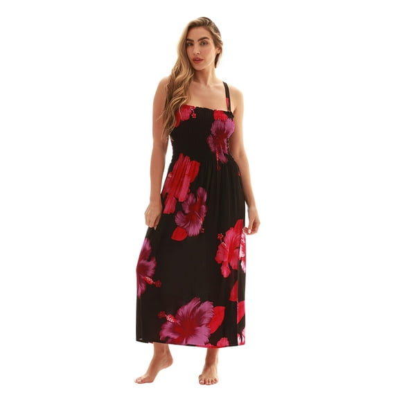 Just Love Floral Print Tube Sundress Swimwear Cover Up Summer Dress for Women (Black With Big Floral - Burgundy, Small)