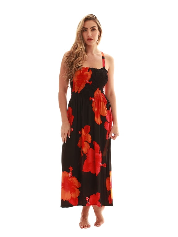 Floral Print Tube Sundress Swimwear Cover Up Summer Dress for Women (Black With Big Floral - Red, X-Large)