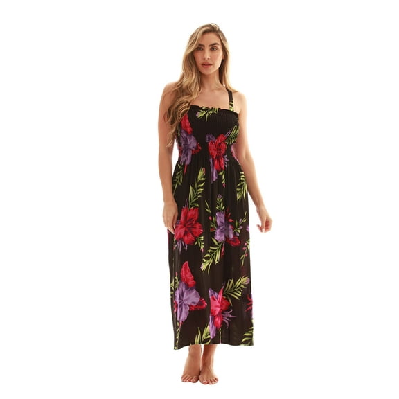 Just Love Floral Print Tube Sundress Swimwear Cover Up Summer Dress for Women (Black With Floral - Lilac, Medium)