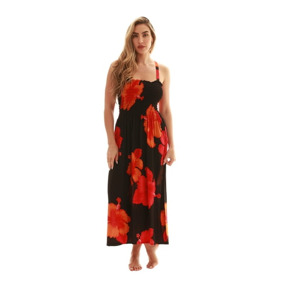 Just Love Floral Print Tube Sundress Swimwear Cover Up Summer Dress for Women (Black with Big Floral - Red, Medium)