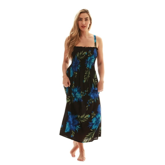 Just Love Floral Print Tube Sundress Swimwear Cover Up Summer Dress for Women (Black with Floral - Blue, Small)