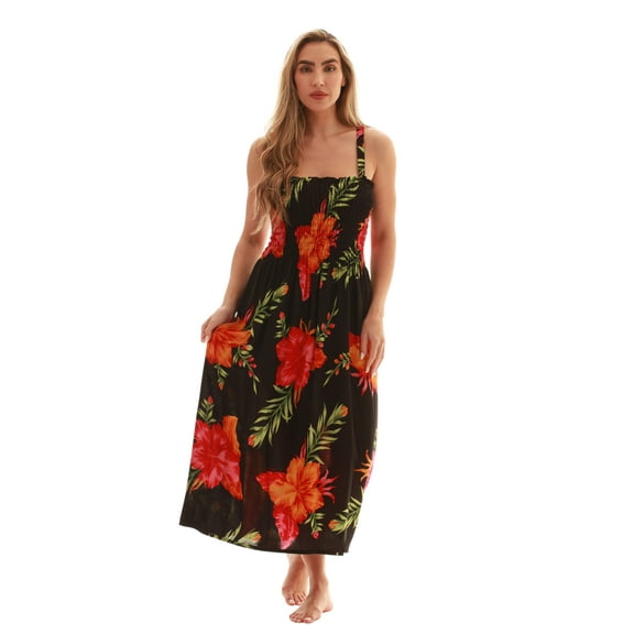 Just Love Floral Print Tube Sundress Swimwear Cover Up Summer Dress for Women (Black with Floral - Orange, 2X)