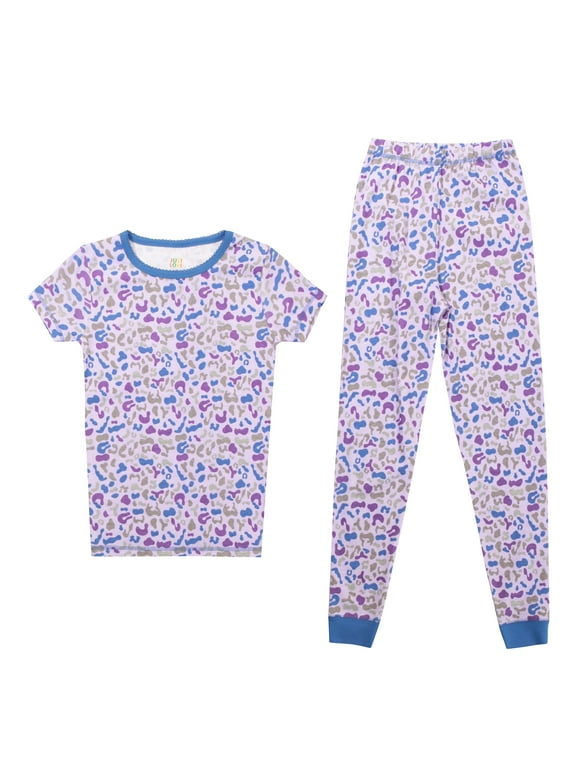 Just Love Girls Cotton Pajama Sets for Comfortable Sleepwear (Purple - Cheetah Short Sleeve With Pant, 7-8 Years)