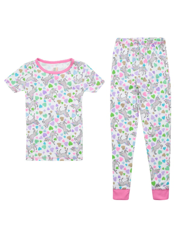 Just Love Girls Cotton Pajama Sets for Comfortable Sleepwear (White - Unicorn Hearts Short Sleeve With Pant, Girls 7-8)