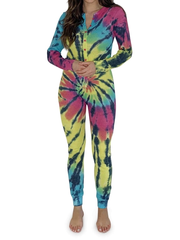 Girls Thermal Union Suit - Warm and Comfortable Base Layer for Cold Weather (Tie Dye - Blue With Brights, Girls 6X)