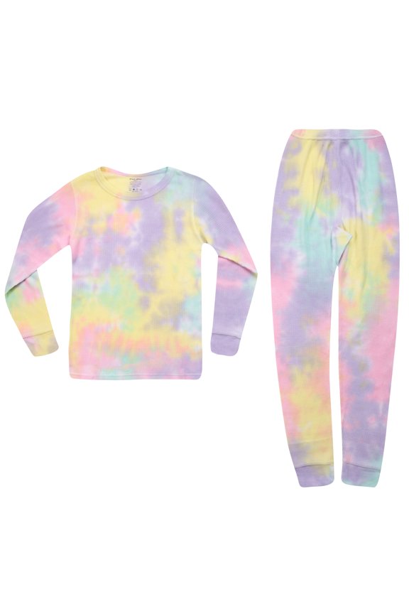 Girls Tie Dye Two Piece Thermal Underwear Set (Tie Dye Multi Purple, 10-12)