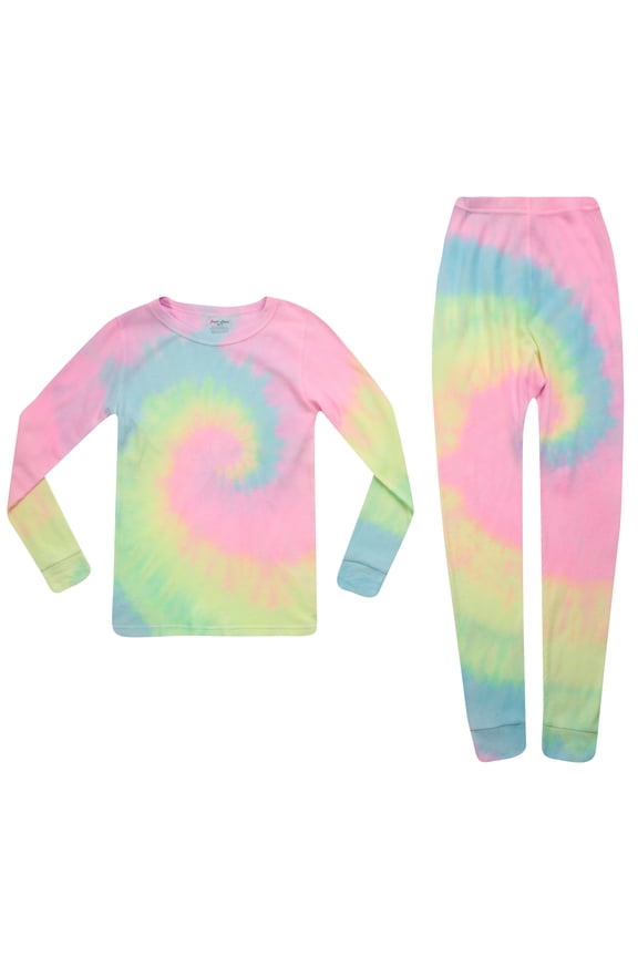 Girls Tie Dye Two Piece Thermal Underwear Set (Tie Dye Neon Purple, 10-12)