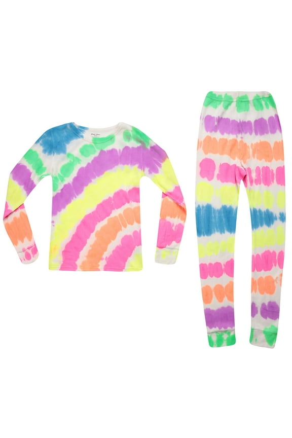 Girls Tie Dye Two Piece Thermal Underwear Set (Tie Dye Neon White, 10-12)