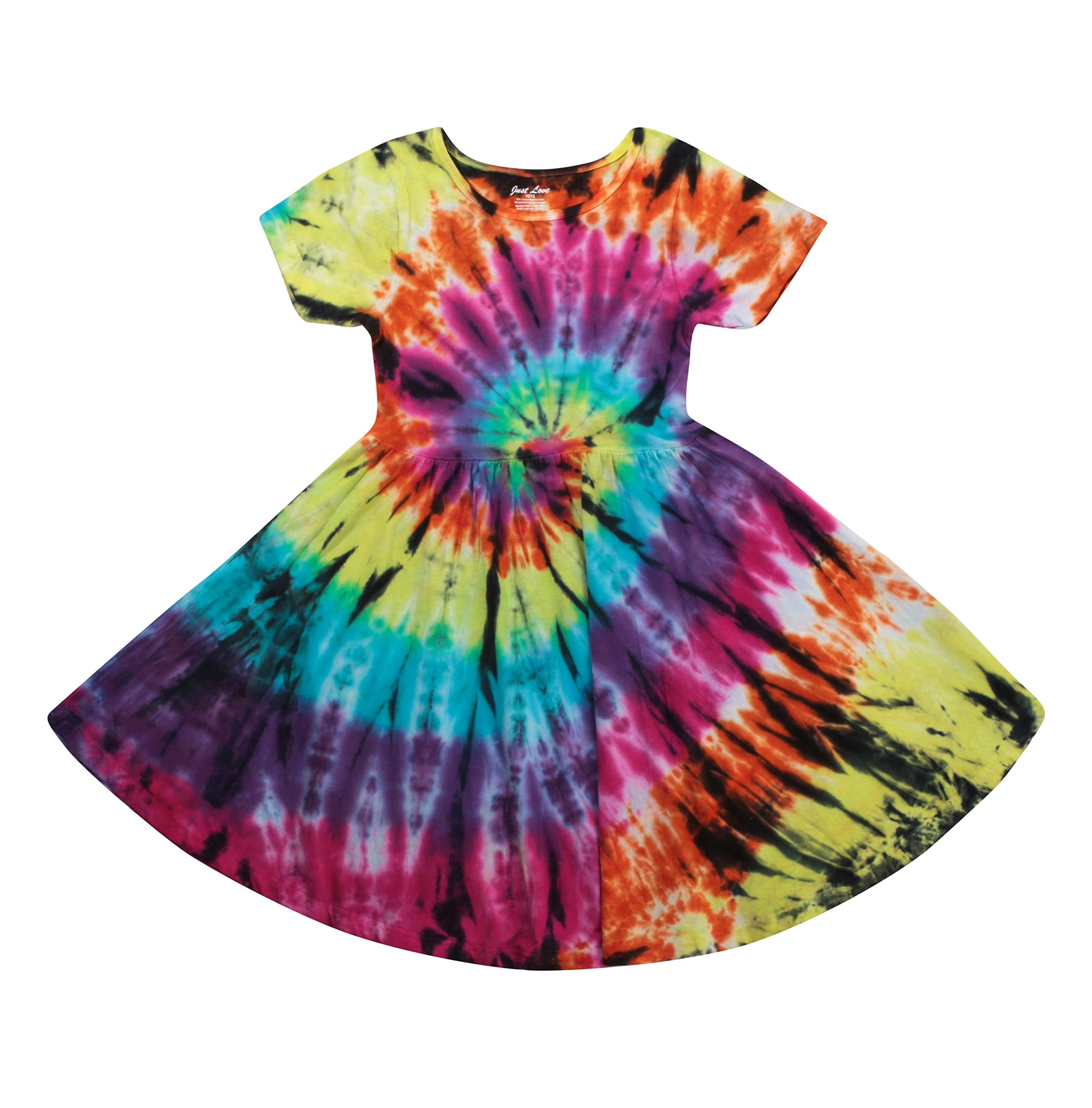 Just Love Girls Twirl Dress Girls Short Sleeve Twirly Skater Dress Tie Dye (Blue Bright Swirl, 14-16)
