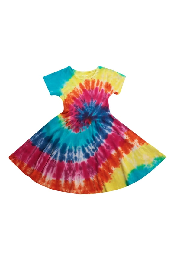 Girls Twirl Dress Girls Short Sleeve Twirly Skater Dress Tie Dye (Bright Swirl, 10-12)