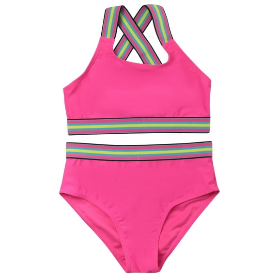 Just Love Girls’ UPF 50+ 2-Piece Bikini Swimsuit Set – Neon, Tie-Dye & Ombre Styles for Kids (Fuchsia With Neon Trim, 7-8 Years)