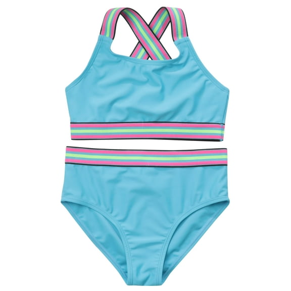 Just Love Girls’ UPF 50+ 2-Piece Bikini Swimsuit Set – Neon, Tie-Dye & Ombre Styles for Kids (Turquoise With Neon Trim, 7-8 Years)