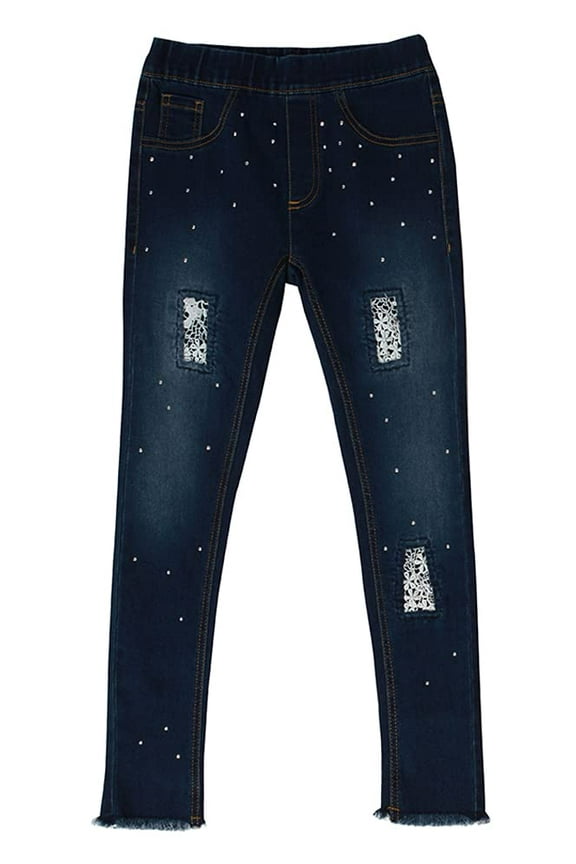 Girls Woven Denim Jegging (Dark Denim Patch Jegging, 5)