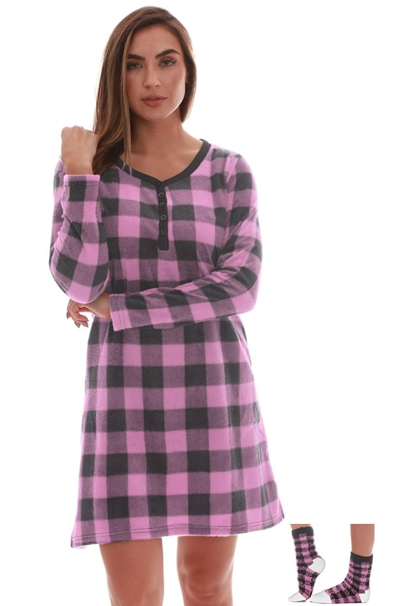 Womens Ultra-Soft Sleep Shirt Nightgown with Matching Fuzzy Socks