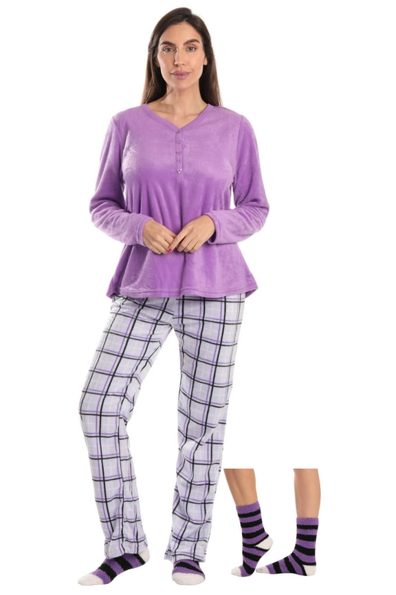 Henley Pants Set with Socks for Women 6732-10441-XL (Purple Plaid, Small)