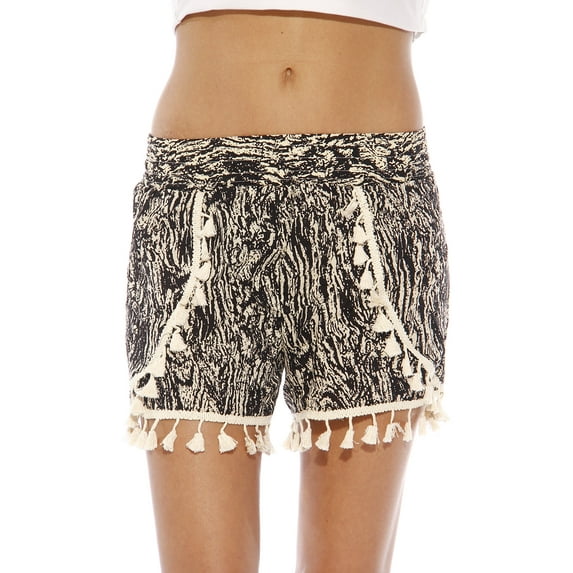 Just Love High Waisted Women Shorts - Summer Pom Pom Beach Shorts (Black/Cream Vintage, Small)