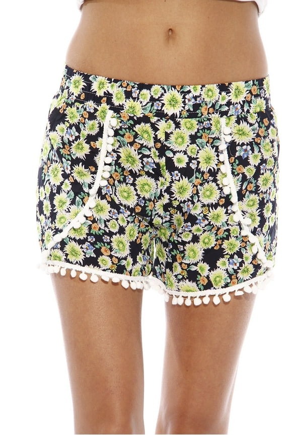 High Waisted Women Shorts - Summer Pom Pom Beach Shorts (Daisy, Large)