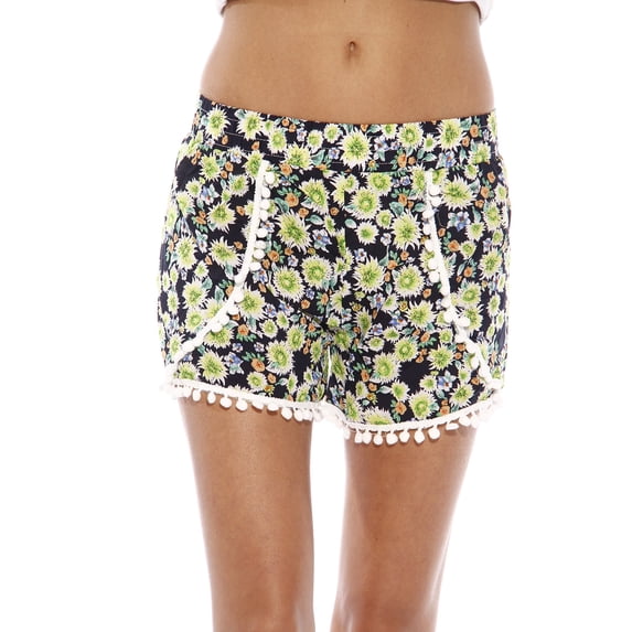 Just Love High Waisted Women Shorts - Summer Pom Pom Beach Shorts (Daisy, Medium)