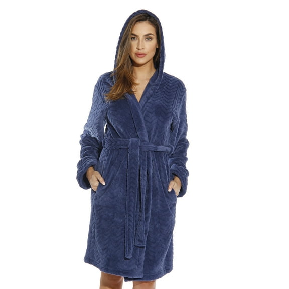 Just Love Hooded Velour Robe for Women with Sherpa Lined Hood (Navy with hood, 1X)