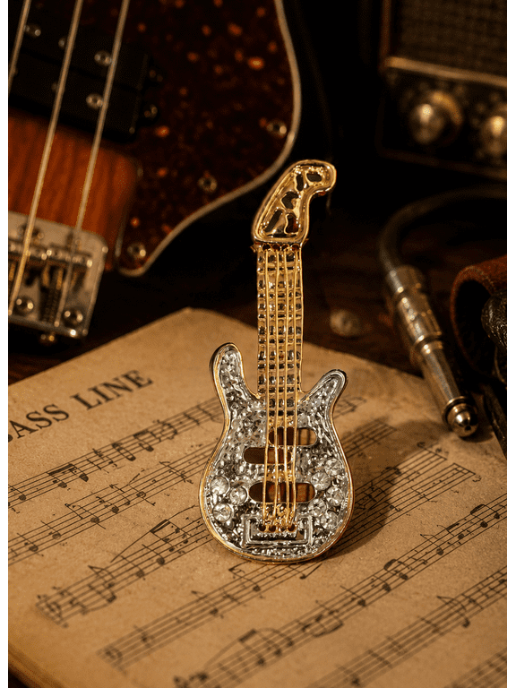Crystal Guitar Brooch Pin, Gold Tone Musical Instrument Lapel Pin